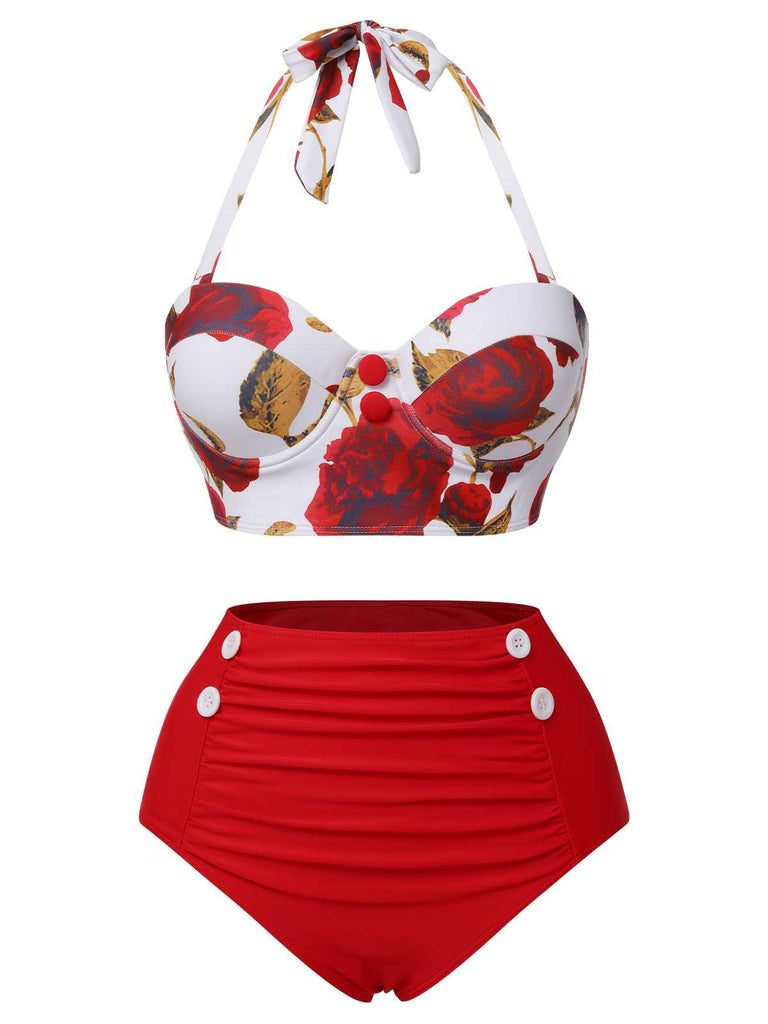 Rot_1960er_Halter_Roses_Bikini_Set