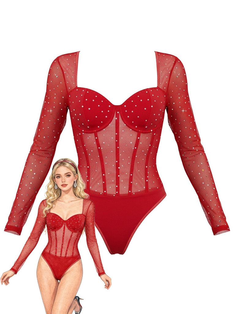 Roter, durchsichtiger Body mit langen Ärmeln und ein Model, das ihn vor weißem Hintergrund trägt