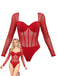 Roter, durchsichtiger Body mit langen Ärmeln und ein Model, das ihn vor weißem Hintergrund trägt