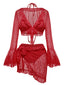 Rotes 70er Neckholder-Bikini-Set & Cover-Up mit Glockenärmeln