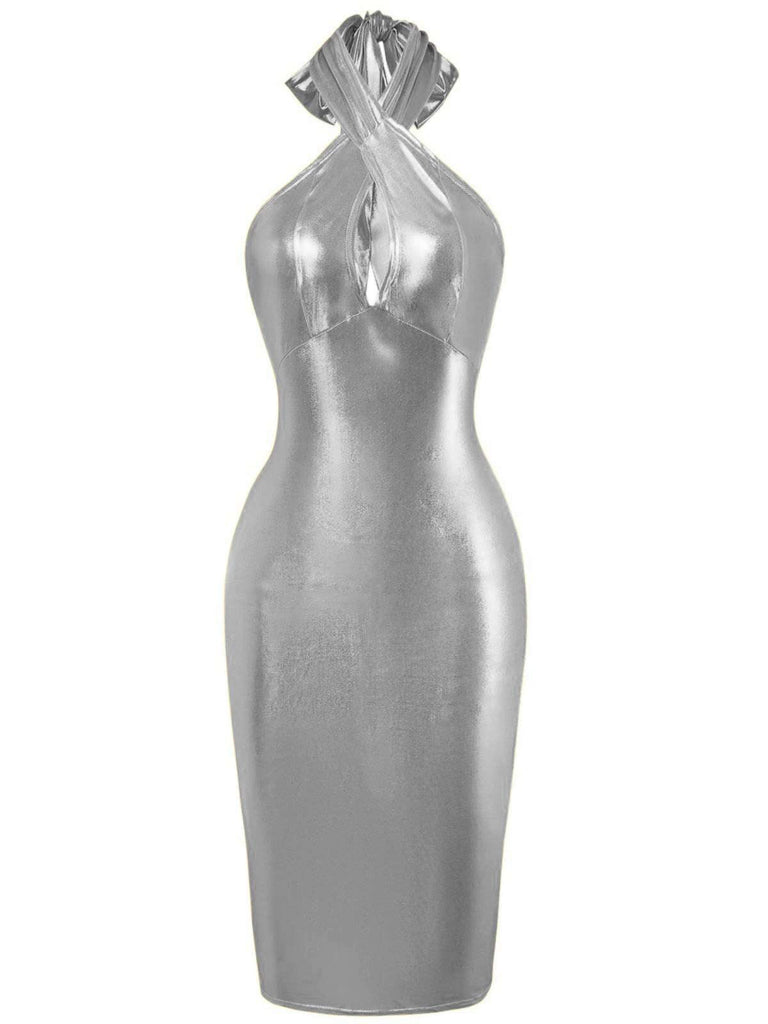 1960er Metallisch Halter Schlüsselloch Figurbetontes Kleid