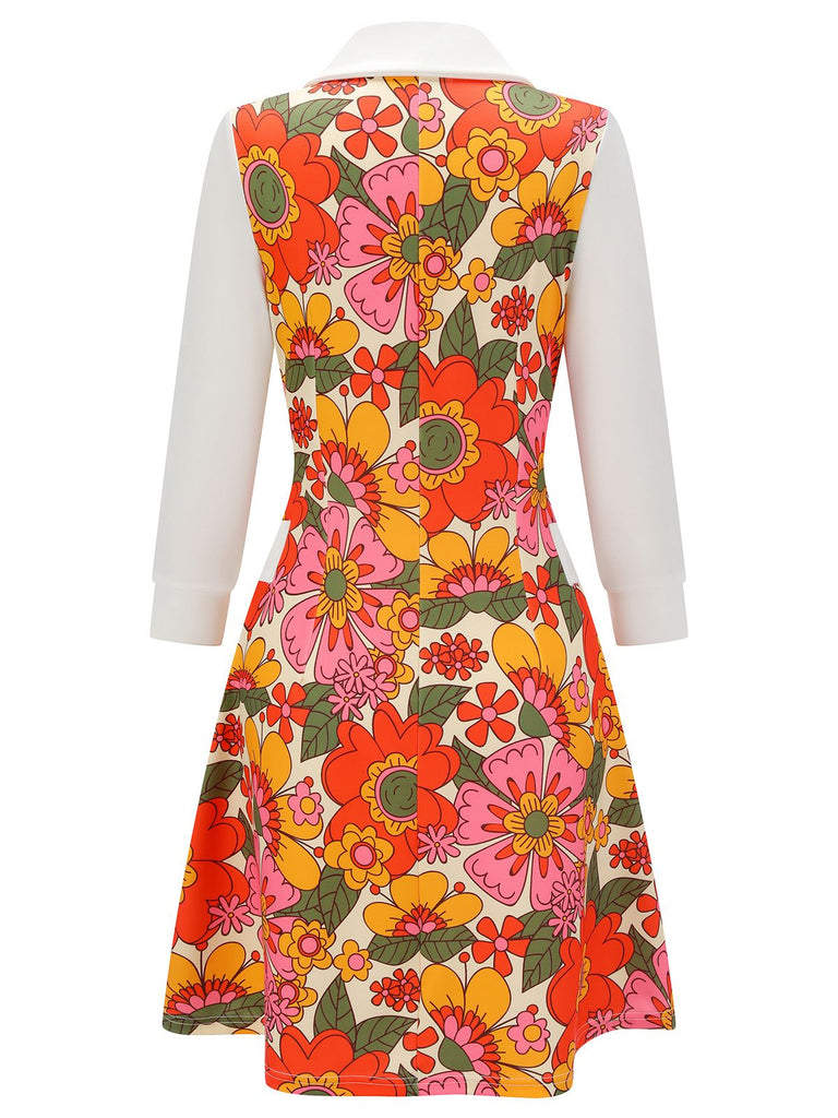 Orange 1960er Revers Blumen Patchwork Kleid