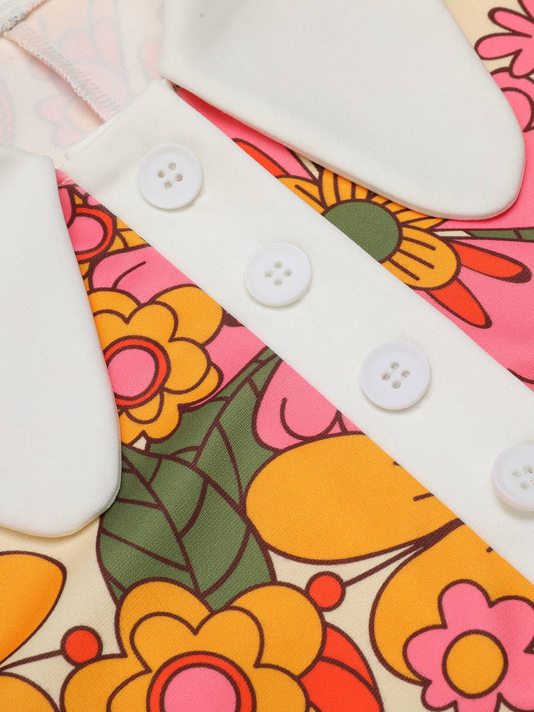 Orange 1960er Revers Blumen Patchwork Kleid