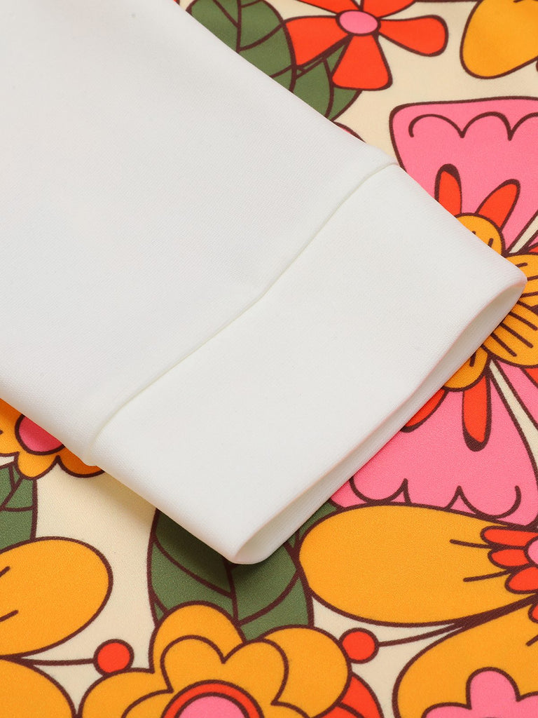 Orange 1960er Revers Blumen Patchwork Kleid