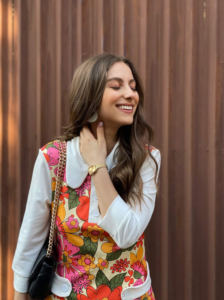 Orange 1960er Revers Blumen Patchwork Kleid