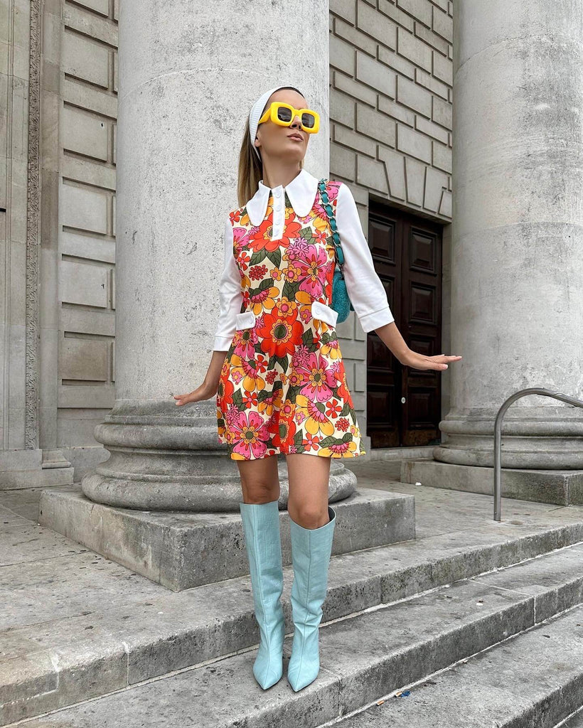 Orange 1960er Revers Blumen Patchwork Kleid