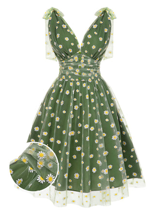[Vorverkauf] Grün 1950er Gänseblümchen Netz Swing Kleid