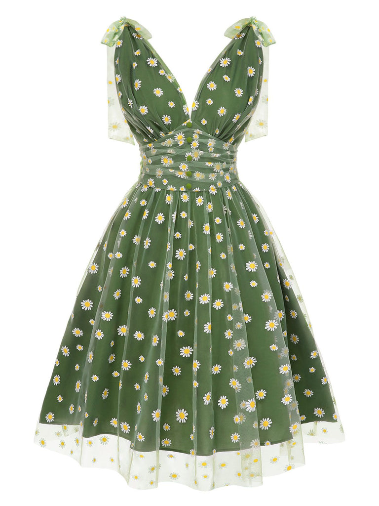 [Vorverkauf] Grün 1950er Gänseblümchen Netz Swing Kleid