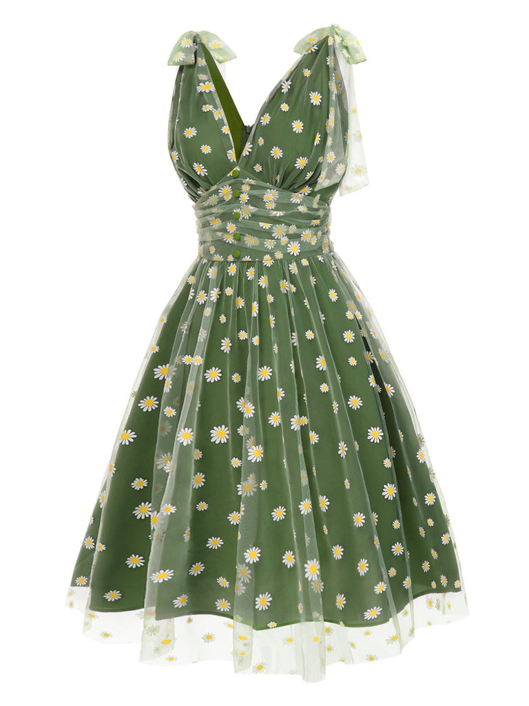 [Vorverkauf] Grün 1950er Gänseblümchen Netz Swing Kleid
