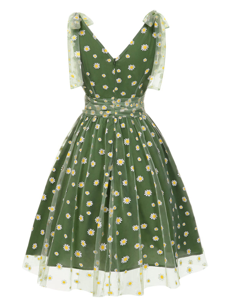 [Vorverkauf] Grün 1950er Gänseblümchen Netz Swing Kleid