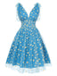[Vorverkauf] Blau 1950er Gänseblümchen Netz Swing Kleid