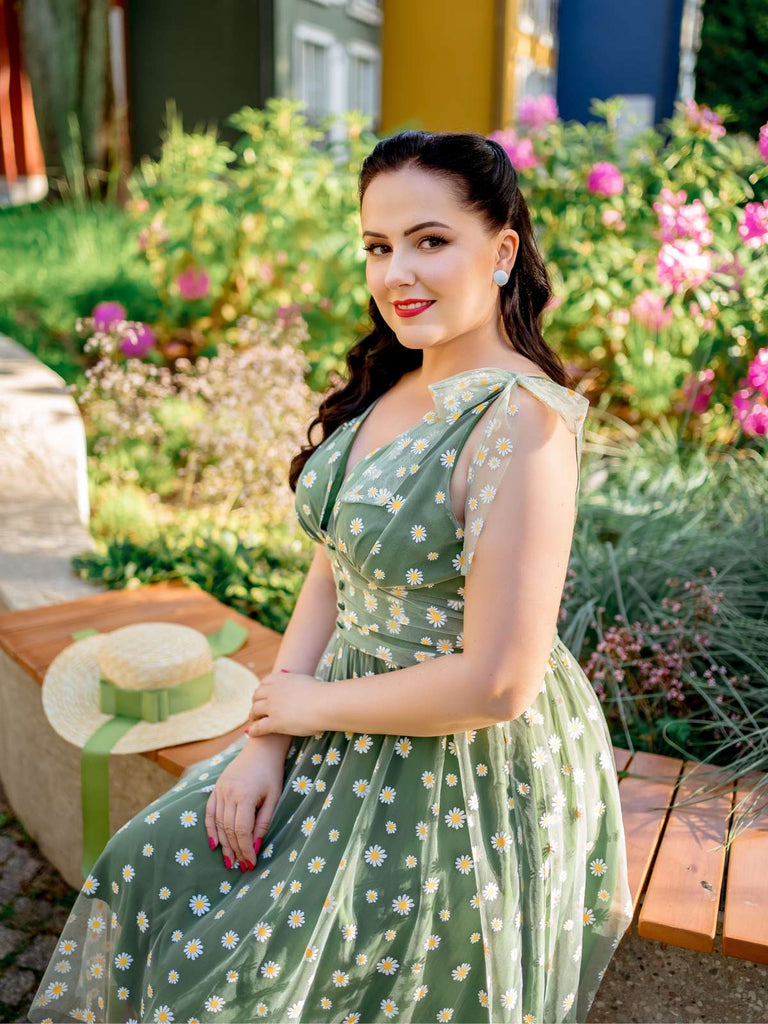 Grün 1950er Gänseblümchen Netz Swing Kleid