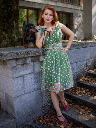 Grün 1950er Gänseblümchen Netz Swing Kleid