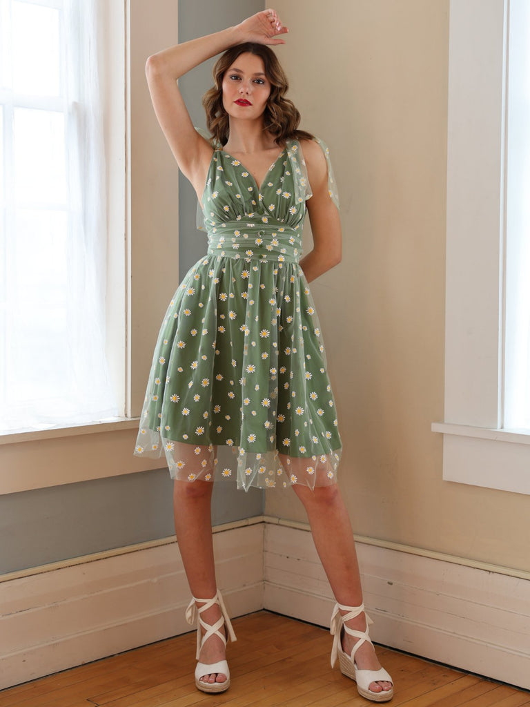 Grün 1950er Gänseblümchen Netz Swing Kleid