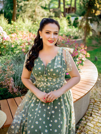 Grün 1950er Gänseblümchen Netz Swing Kleid