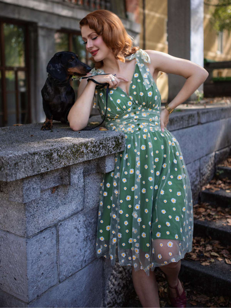 Grün 1950er Gänseblümchen Netz Swing Kleid