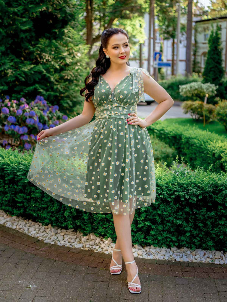 Grün 1950er Gänseblümchen Netz Swing Kleid