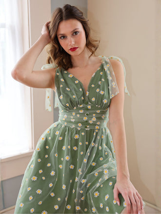Grün 1950er Gänseblümchen Netz Swing Kleid