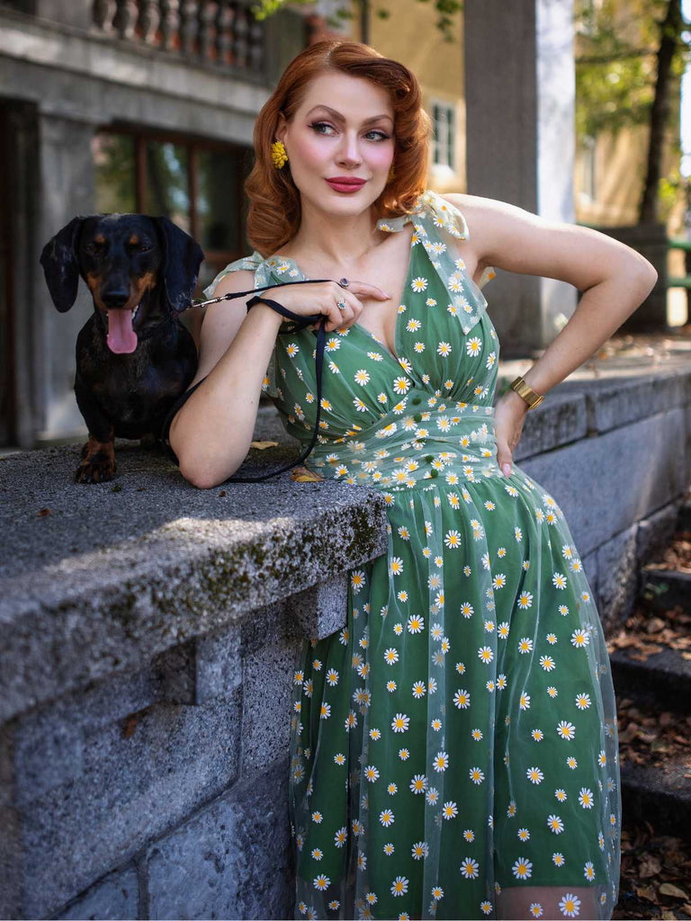 [Vorverkauf] Grün 1950er Gänseblümchen Netz Swing Kleid
