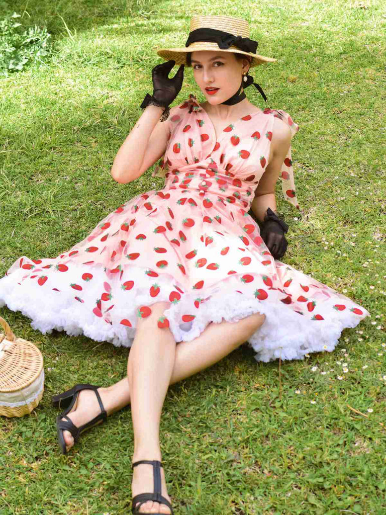 Rosa 1950er Erdbeer Netz Swing Kleid