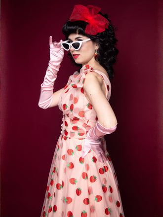 Rosa 1950er Erdbeer Netz Swing Kleid