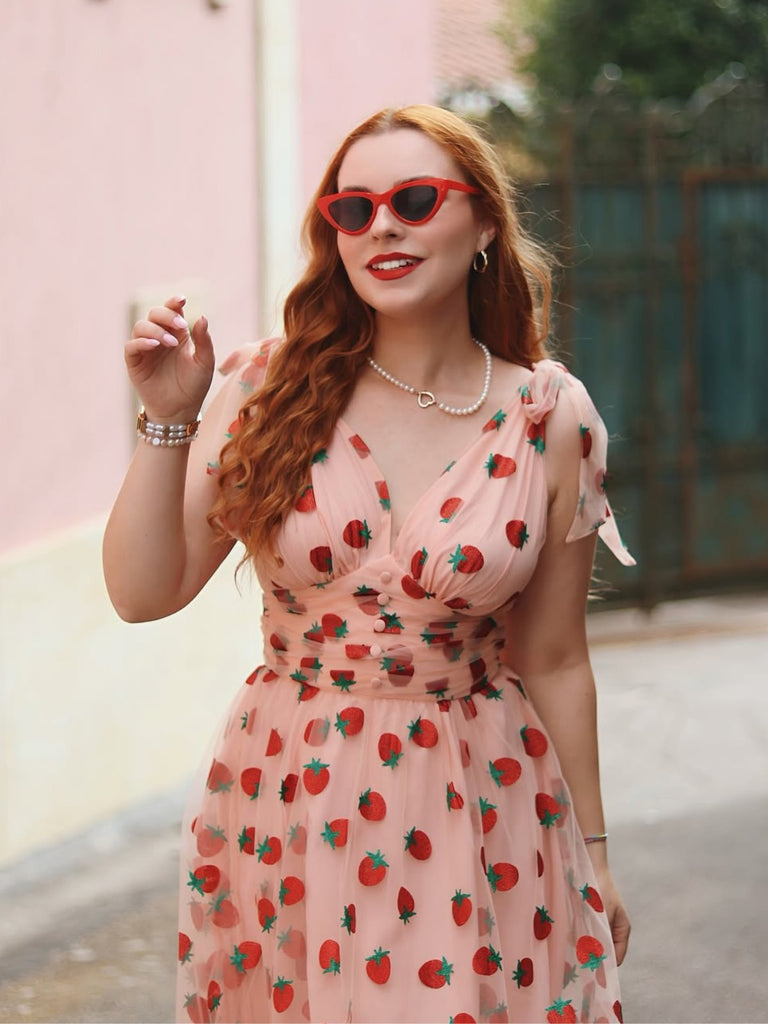 Rosa 1950er Erdbeer Netz Swing Kleid
