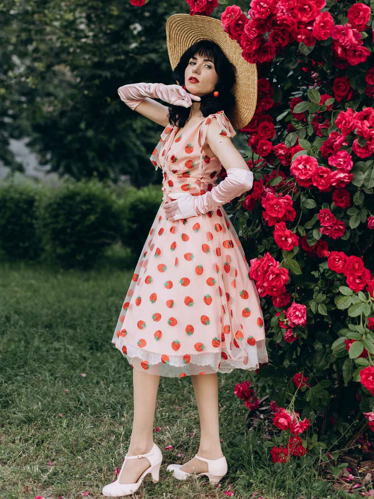Rosa 1950er Erdbeer Netz Swing Kleid