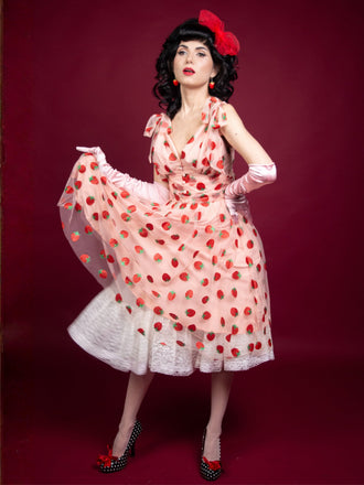 Rosa 1950er Erdbeer Netz Swing Kleid