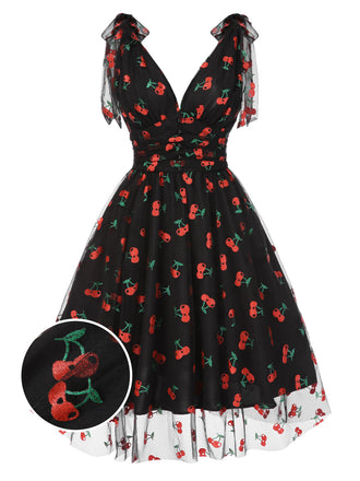 [Vorverkauf] Schwarz 1950er Kirsche Gänseblümchen Netz Swing Kleid