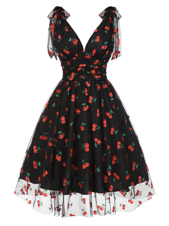 [Vorverkauf] Schwarz 1950er Kirsche Gänseblümchen Netz Swing Kleid
