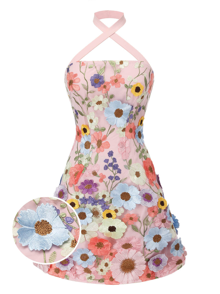 Blassrosa 1960er 3D Blumen Minikleid