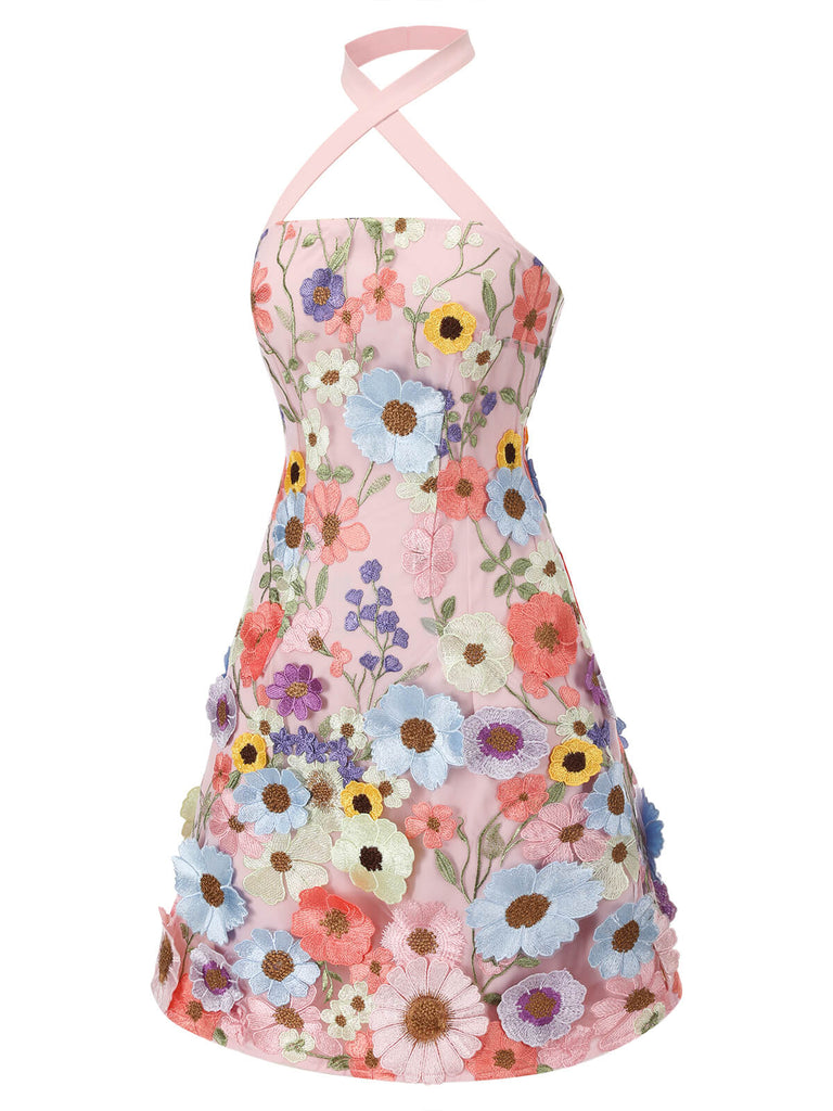 Blassrosa 1960er 3D Blumen Minikleid