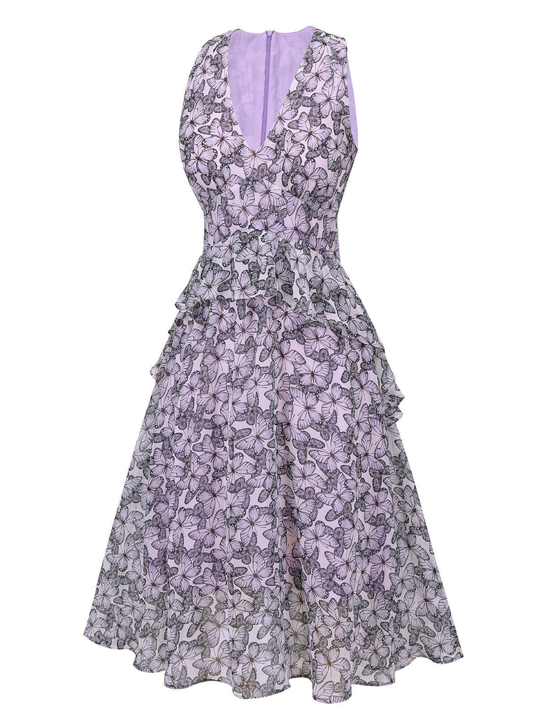 Lila 1930er Schmetterling V-Ausschnitt Ärmelloses Kleid