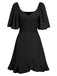 1930er Solide V-Ausschnitt Taille Rüschen Kleid