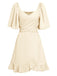 1930er Solide V-Ausschnitt Taille Rüschen Kleid