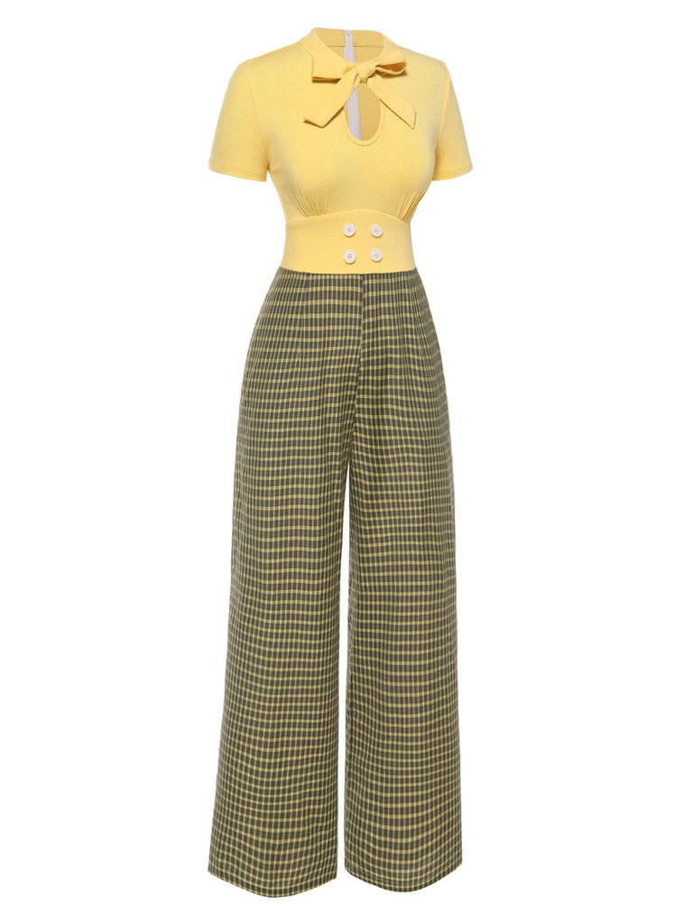 Gelb 1930er Plaid Schlüsselloch-Ausschnitt Jumpsuit