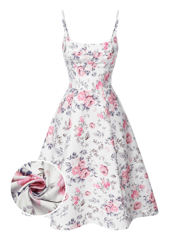 [Vorverkauf] Weiß & Rosa 1950er Träger Blumen Kleid