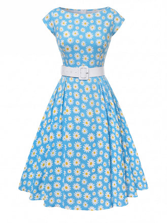 [Vorverkauf] Blau 1950er Bootskragen Antiquität Blumen Kleid