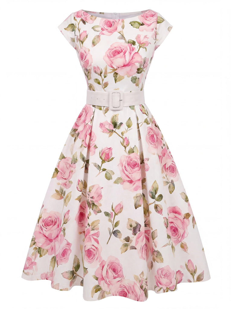 [Vorverkauf] Rosa 1950er Bootskragen Antiquität Blumen Kleid