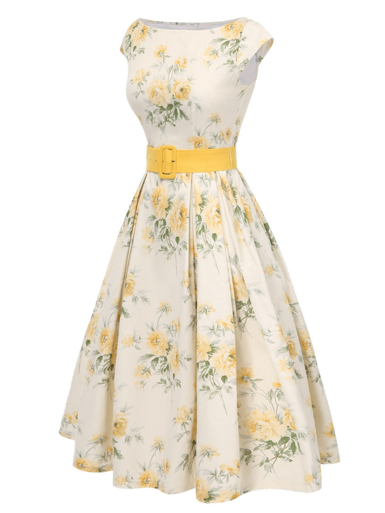 Gelb 1950er Bootskragen Antiquität Blumen Kleid