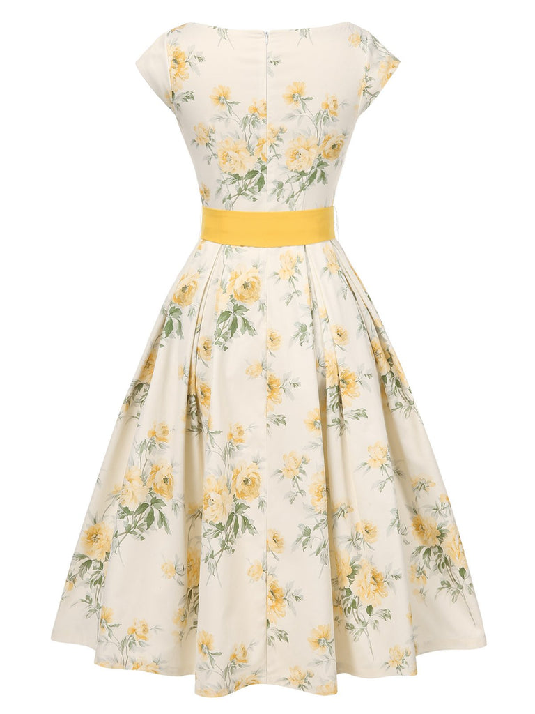 Gelb 1950er Bootskragen Antiquität Blumen Kleid