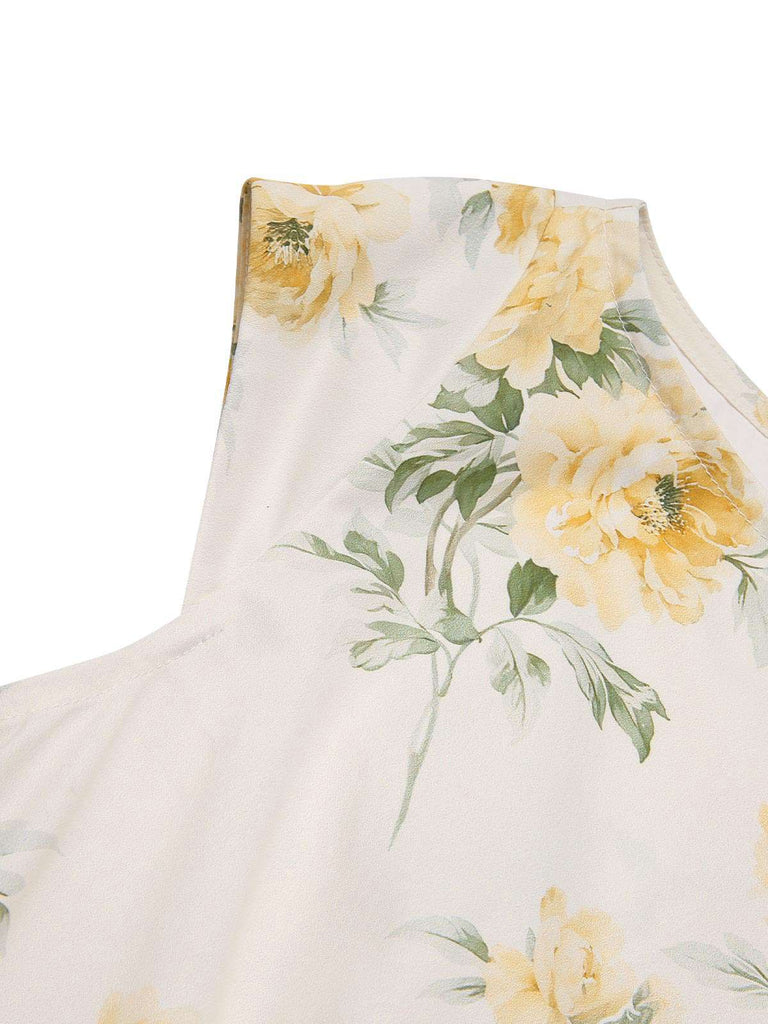 Gelb 1950er Bootskragen Antiquität Blumen Kleid