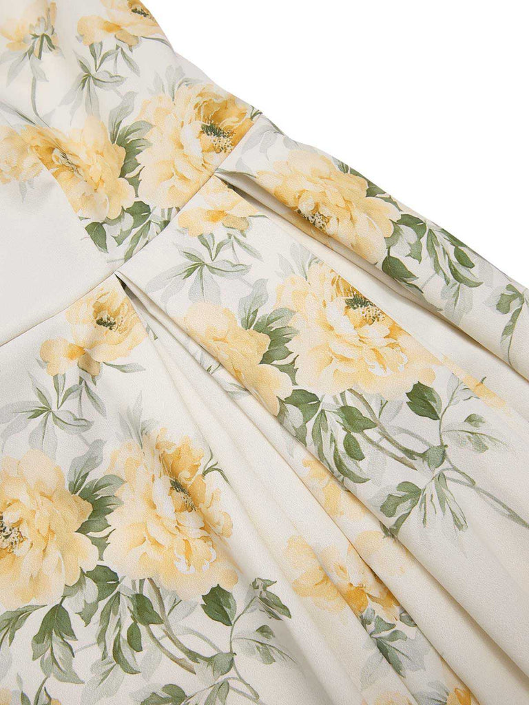 Gelb 1950er Bootskragen Antiquität Blumen Kleid