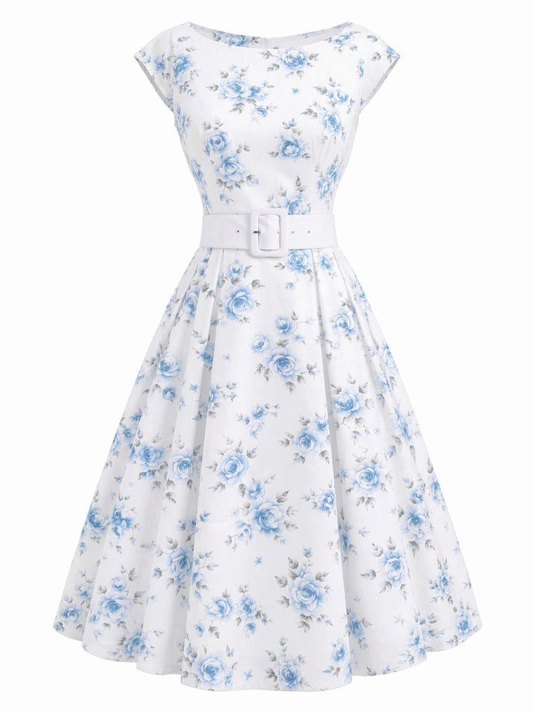 Rosa 1950er Bootskragen Antiquität Blumen Kleid
