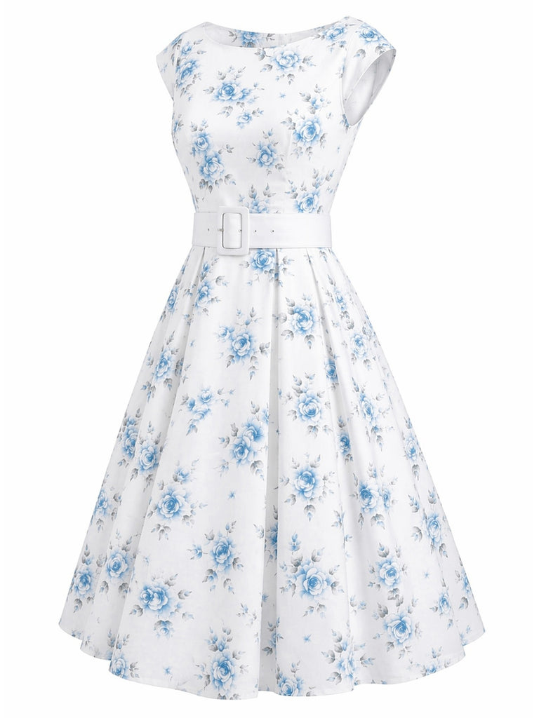Rosa 1950er Bootskragen Antiquität Blumen Kleid