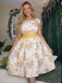 Gelb 1950er Bootskragen Antiquität Blumen Kleid