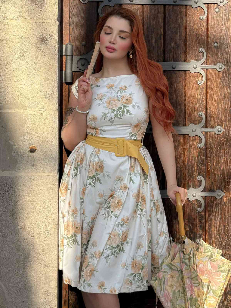 Gelb 1950er Bootskragen Antiquität Blumen Kleid