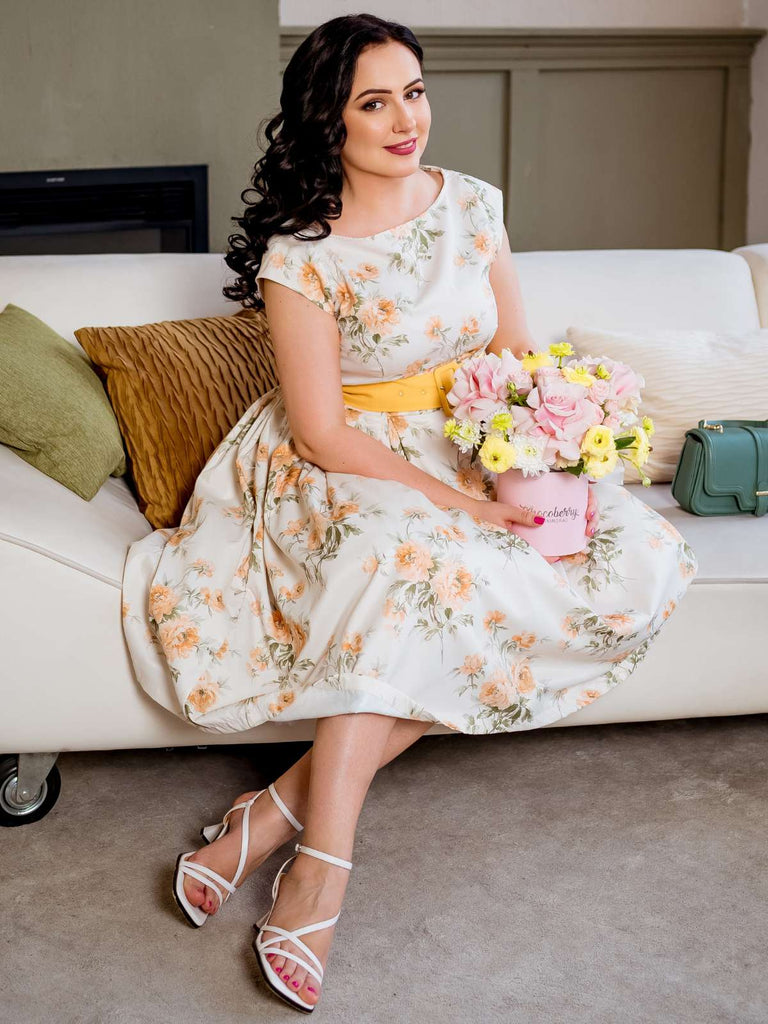 Gelb 1950er Bootskragen Antiquität Blumen Kleid