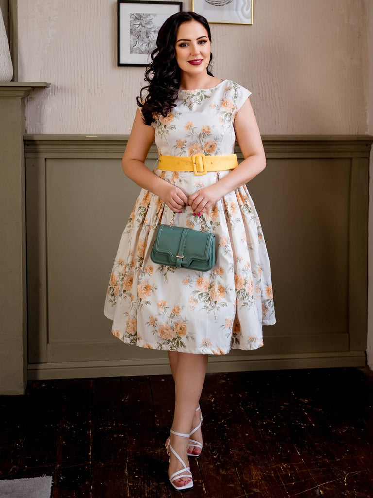 Gelb 1950er Bootskragen Antiquität Blumen Kleid