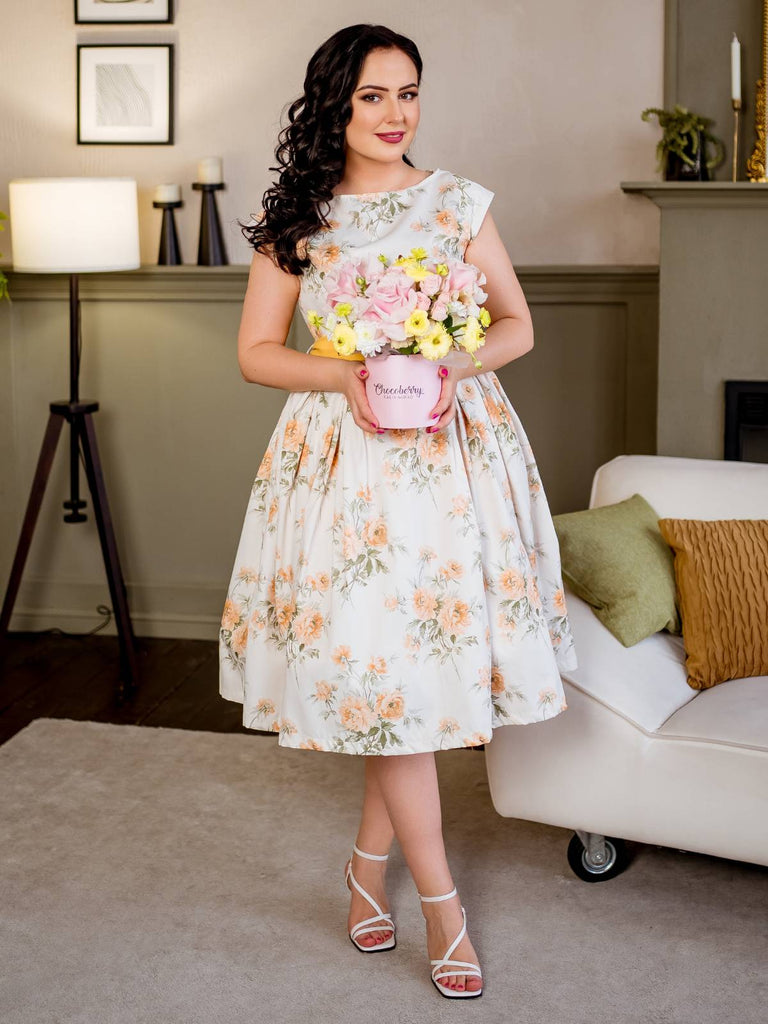 Gelb 1950er Bootskragen Antiquität Blumen Kleid
